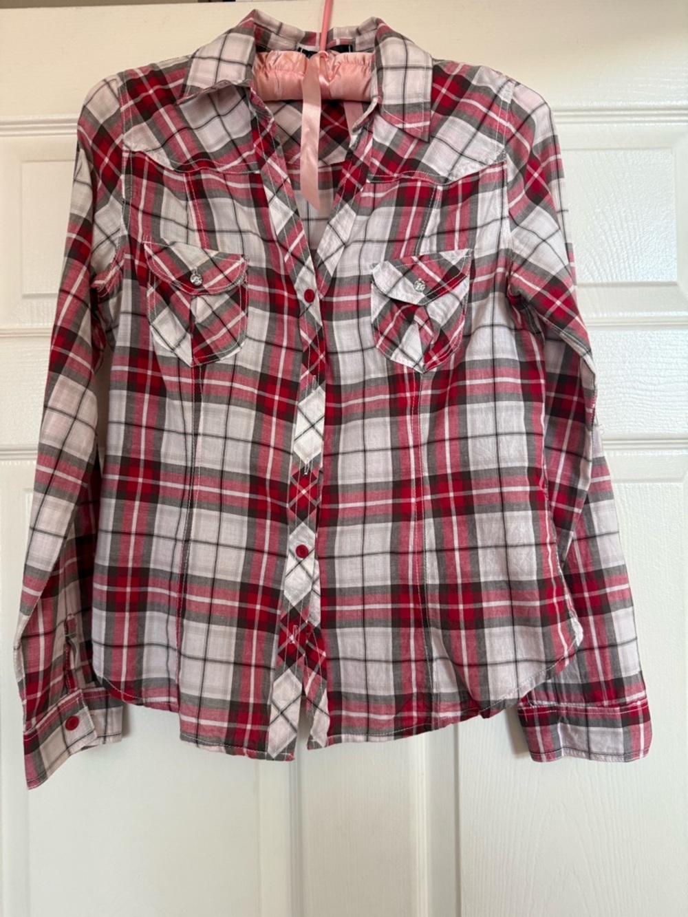 Red and White Plaid Button-Up Shirt